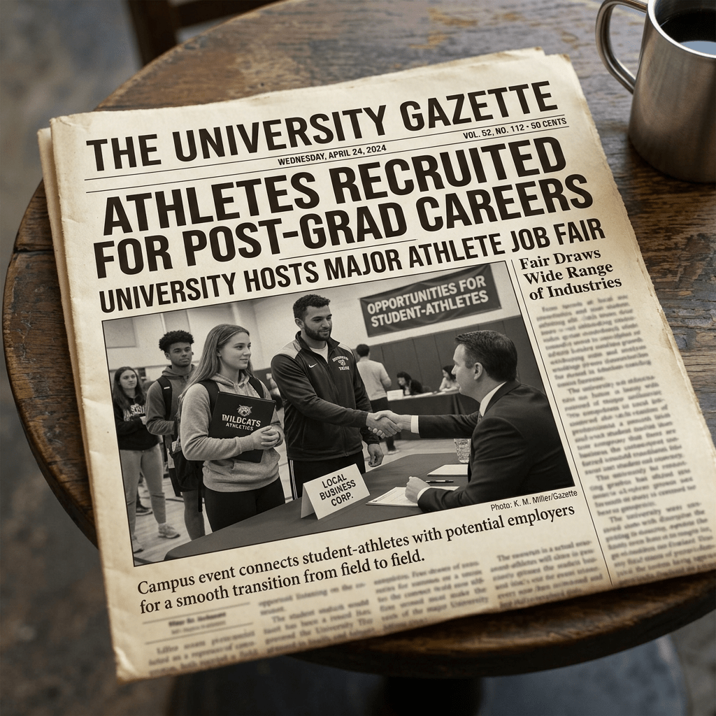 Student-athletes attending a job fair and shaking hands with a recruiter